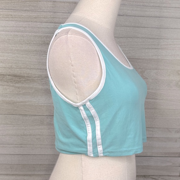 Athletic Cropped Tank Top with Side Stripes Buttery Soft Aqua/White-Large - Picture 2 of 3